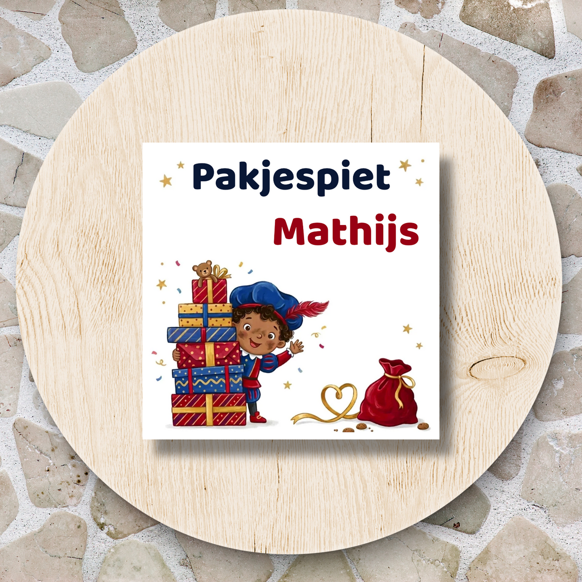 Keramieken tegeltje ‘Pakjespiet’ – Met naam – 15 × 15 cm