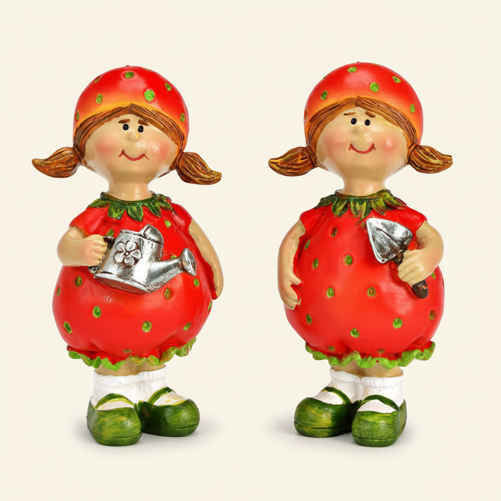 Decoratief Aardbeienmeisje Beeldje Poly – Zomers Decoratiefiguur - 2 stuks