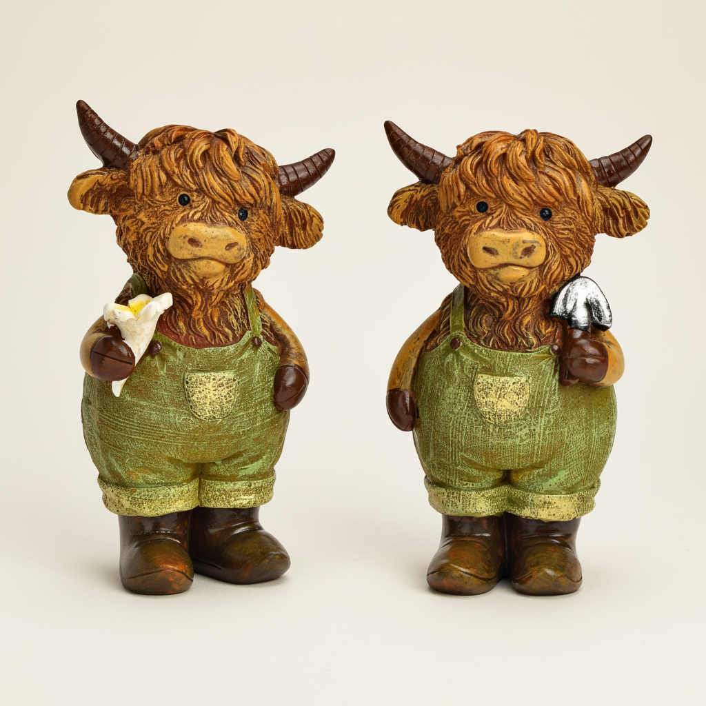 Highland Cow met Tuinbroek - Schotse Hooglander - set 2 stuks