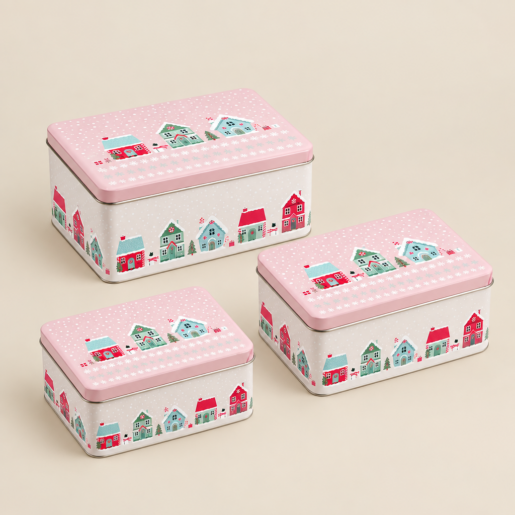 Metalen Koektrommels 'Stadshuis in de Winter' – Set van 3 – Roze