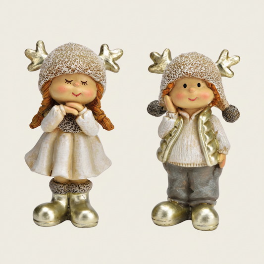 Decoratief Winterkindje Goud/Wit Beeldje – Sfeervol Kerstfiguur - 2 stuks