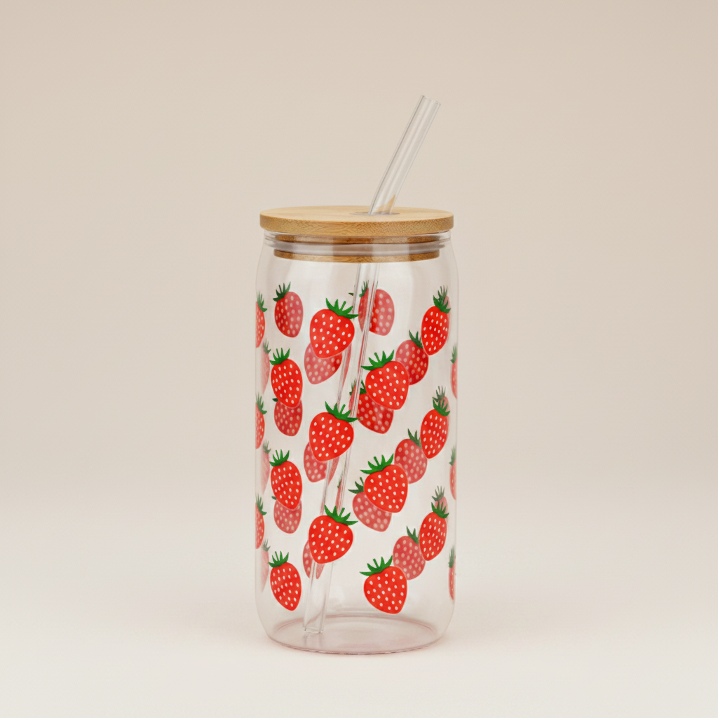 Zomers Aardbei Drinkglas met Bamboe Deksel en Glazen Rietje – 590ml