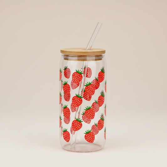 Zomers Aardbei Drinkglas met Bamboe Deksel en Glazen Rietje – 590ml