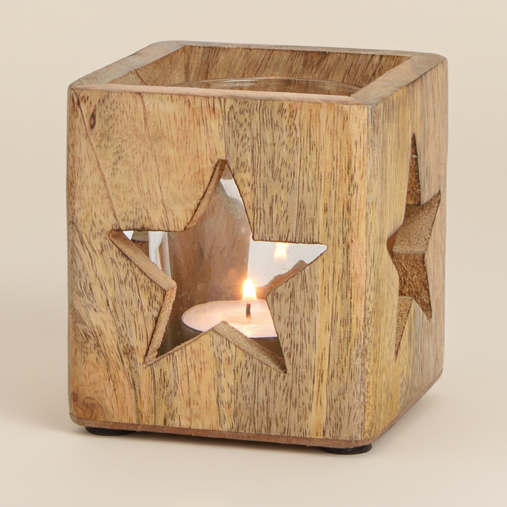 Mangohouten Windlicht met Ster (9 cm)